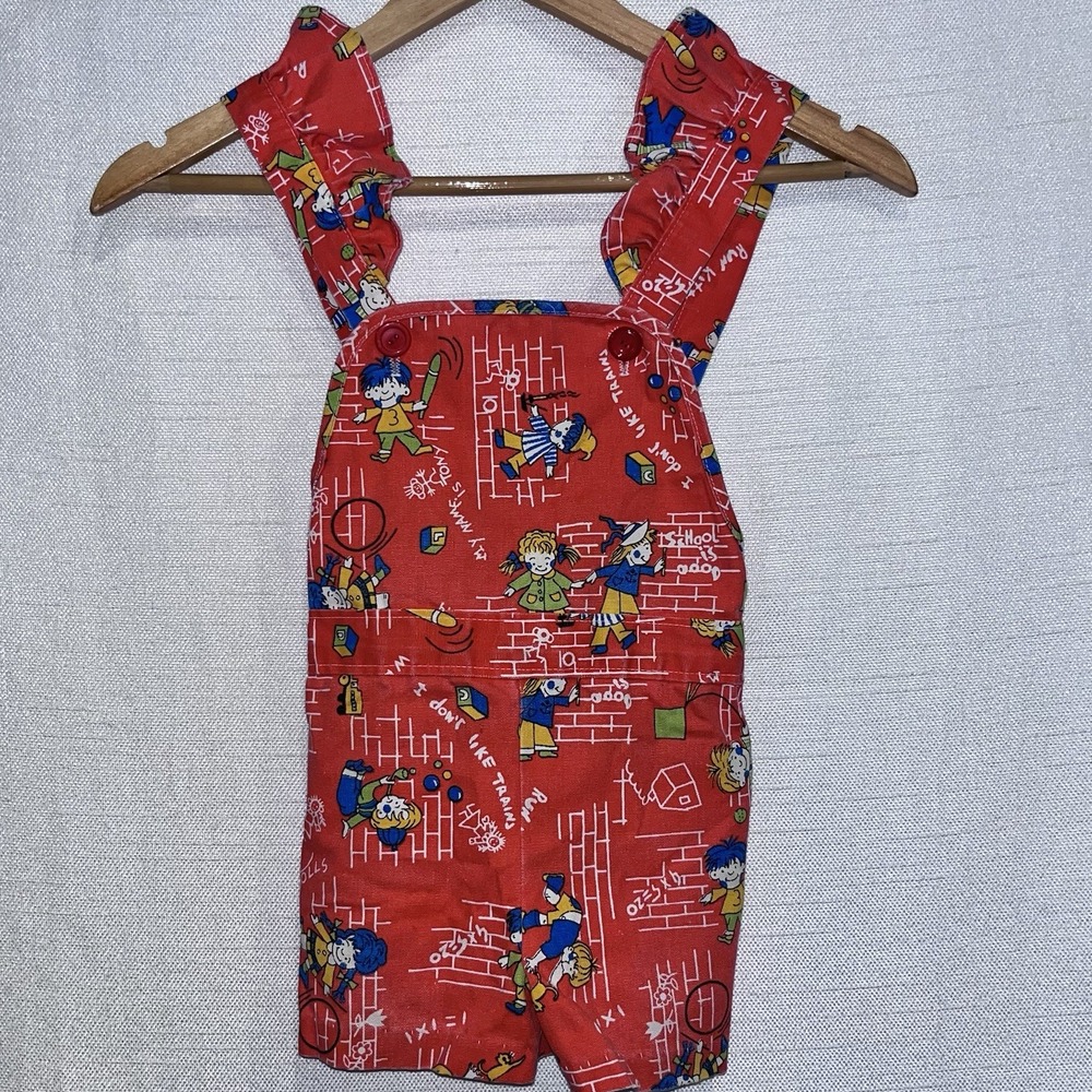 VTG 1970s Sears Perma Prest Girls Size 5 Red Romper Overalls Ruffle School Print